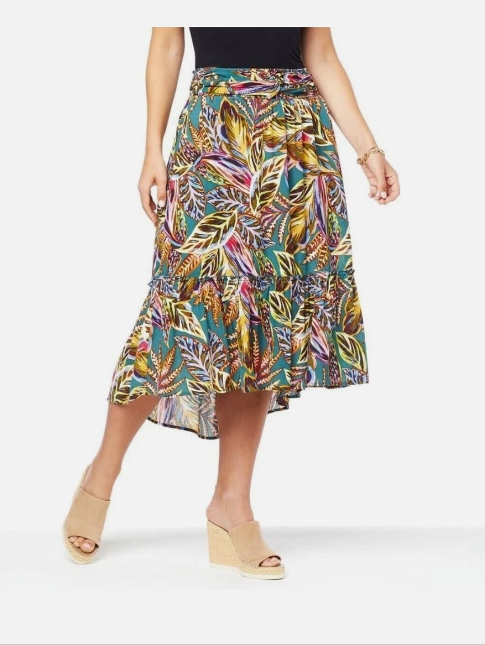 Democracy Twist Front High-Low Flounce Hem Skirt In Dusty Evergreen Multi